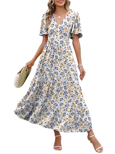 Caracilia Womens Summer Maxi Dresses Casual Ruffle Short Sleeve V Neck Tiered A-Line Flowy Boho Beach Long Dress with Pockets Yellow Blue Floral Small - Image 1