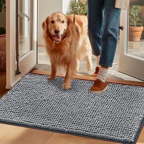 EHEYCIGA Super Absorbent Dog Door Mat for Muddy Paws 48x30 Inch Indoor, Front Doormat Outside Entrance, Quick Dry Chenille Washable Dog Crate Bed, Non-Slip Pet Rug Mud Mat Outdoor Entryway, Grey - Image 1