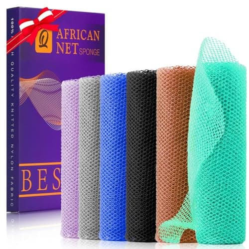 UJFQBH 6 Pieces African Bath Sponge African Net Long Net Bath Sponge Exfoliating Shower Body Scrubber Back Scrubber Skin Smoother,Great for Daily Use (Purple, Gray, Blue, Black, Brown, Green) - Image 1