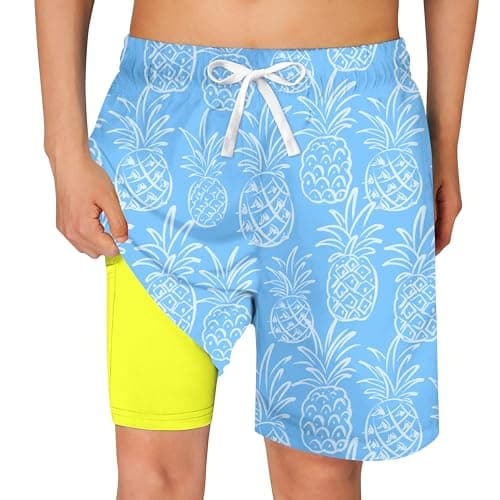 Cozople Teen Boys Swim Trunks with Compression LNER Novelty Pineapple Blue Graphic Bathing Suit Swimwear Stretchy No Chafe Swimming Beach Board Shorts for Casual Swimwear with Pockets - Image 1