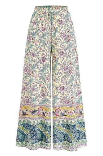 CFLONGE Women Wide Leg Pants Casual High Waist Floral Palazzo Pants for Women Flowy Trendy Lounge Boho Beach Trousers Pockets(Apricot,Large) - Image 1