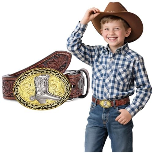Kids Western Belt for Boys Age 4-12 Girls Toddler Embossed Cowboy Cowgirl Genuine Leather Western Buckle Belts for Jeans Gift - Image 1