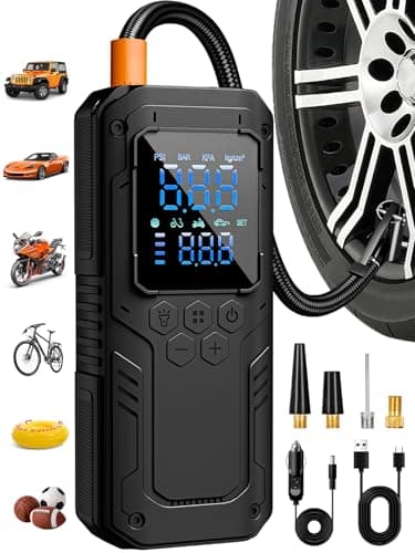 AIRSURE Tire Inflator Portable Air Compressor, 5X Faster Air Pump for Car Tires with Powerful Battery, 12V DC & Autostop, 150PSI Cordless Tire Pump for Car, Motorcycle, Bike, Balls