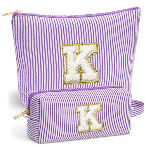 Fohufo Travel Toiletry Bag Set for Women - Travel Essentials, Initial Travel Makeup Bag Organizer Small Cosmetic Bag for Purse Purple Stuff Gifts for Women Mom Girlfriend Teacher, Purple Letter K - Image 1