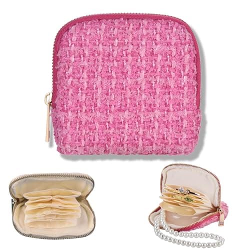 Small Travel Jewelry Case, Soft Tweed Organizer Pouch for Bangle, Bracelets, large Earrings, Beaded necklace, Anti-Scratch & Portable Jewelry Bag Holder for Travel & Everyday Use (Raspberry Pink) - Image 1