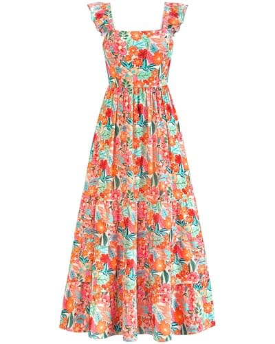dowerme Summer Dresses for Women 2026 Casual Ruffle Smocked Tiered A-Line Boho Floral Maxi Beach Sun Dress with Pockets(Light Apricot Orange Flower,Small) - Image 1