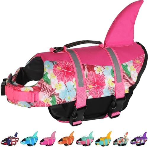 Dogcheer Dog Life Jacket Shark, Hawaiian Style Dog Life Vest for Swimming Boating with Superior Buoyancy and Rescue Handle, Reflective Pet Swim Vest for Small Medium Large Dogs - Flower Pink, M - Image 1