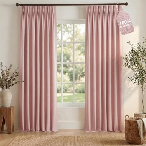 NICETOWN PRO 100% Blackout Pink Curtains for Girls Room, Pinch Pleated Thermal Curtains Linen Weave Window Treatments Sound Reducing for Bedroom/Farmhouse, W40 x L108, 2 Panels - Image 1
