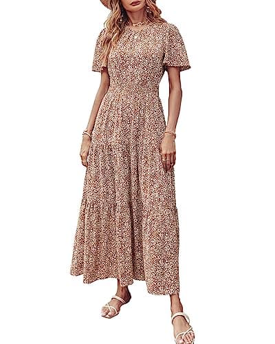 PRETTYGARDEN Women's Summer Casual Short Flutter Sleeve Round Neck Smocked Waist Tiered Boho Floral Flowy Maxi Dress(Floral Khaki,Small) - Image 1
