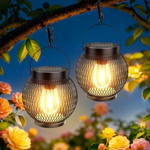 Solar Lanterns Outdoor Waterproof, Upgraded Hanging Solar Lights for Outside, Metal Solar Hanging Lanterns with Clip, Solar Powered Lantern for Patio Porch Garden Decor, 2 Pack - Image 1