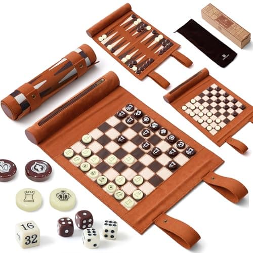 Woodronic Travel Backgammon Set 3 in 1 Chess & Checkers Board Game for Teens Adults Roll Up Leather Portable Games with 32 Premium Pearl Pieces 5 Dice 11x8.5 Inch Family Travel Gift - Image 1