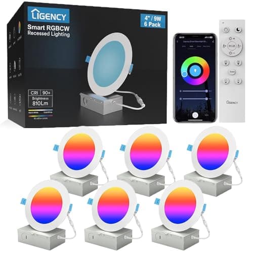 Ligency 6-Pack 4 Inch Smart Recessed Lighting, 9W 810LM Ultra-Thin Canless LED Downlight, RGBW Color Changing Wi-Fi Ceiling Light with Junction Box, Alexa/Google App Control - No Housing Required - Image 1