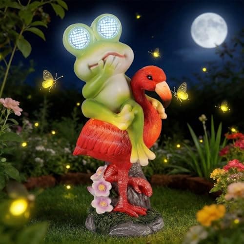 QEQUFL Garden Statues Solar Frog Decor with Lights Garden Gifts Mothers Day Gifts for Mom Housewarming Gifts Flamingo Outdoor Decorations for Patio Backyard Yard Lawn Pool - Image 1