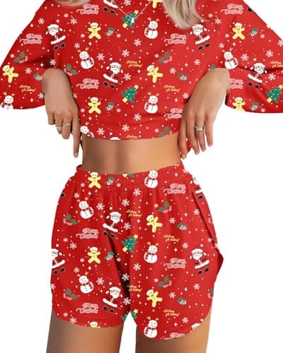 JUSTFASHIONNOW Womens Christmas Pajamas Long Sleeve Lounge Set 2 Piece Cute Sleep Wear Printed Sleepwear Comfy Split Short Pajama Set Soft Xmas Outfits Loungewear Pj sets (Red, Large) - Image 1