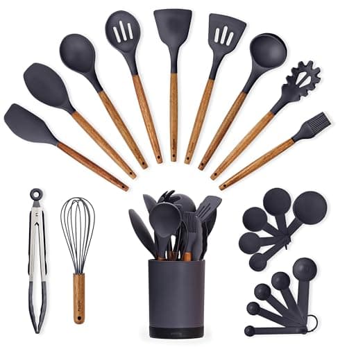 Silicone Kitchen Utensils Set & Holder: Cooking Utensils Set - Kitchen Essentials for New Home & 1st Apartment- Silicone Spatula Set, Cooking Spoons for Nonstick Cookware (Acacia Wood, Grey) - Image 1