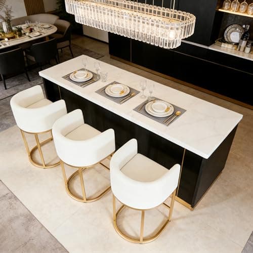 Styecofur Counter Height Bar Stools Set of 3, White and Gold Bar Stools, 26" Modern Barrel Counter Stools with Backrest and Arms, Linen Fabric Upholstered & Metal Base, for Kitchen Island and Bar - Image 1