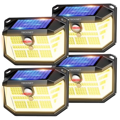 TECKNET 231 LED Motion Sensor Outdoor Lights, 4 Pack, 300° Solar Security Wall Lights, 3 Lighting Modes, IP65 Waterproof, PIR Motion Sensor for Outside, Fence, Garden, Yard, Deck, Garage - Warm White - Image 1