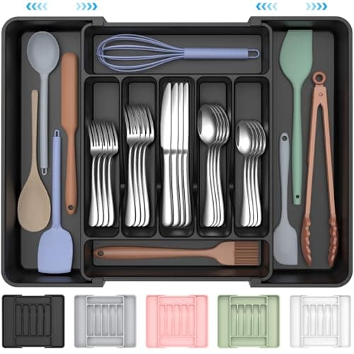 ukeetap Extra Large Expandable Silverware Organizer, BPA-Free Food-Safe Cutlery Flatware Organizer, Kitchen Utensil Drawer Organizer, Adjustable Silverware Holder for Spoons Forks Knives, Black - Image 1