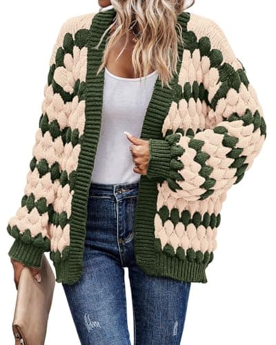 KIRUNDO Women Cardigan Oversized Puff Sleeve Open Front Striped Color Block Cable Knitted Cardigans Fashion Chunky Winter Sweater Coats Fall Clothes 2026(Army Green, Large) - Image 1