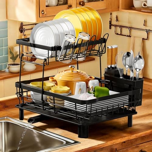 MOUKABAL Dish Drying Rack, Dish Rack, Stainless Steel Dish Racks for Kitchen Counter, Dish Drainer with Removable Utensil Holder, Drainboard (Black,2 Tier,13''W x 17''L) - Image 1