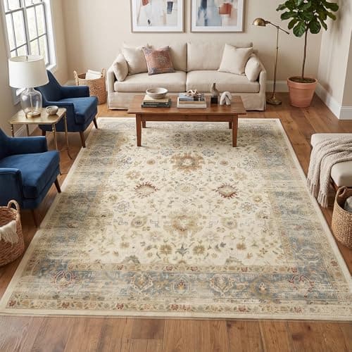 6x9 Feet Washable Vintage Bohemian Floral Area Rug - Non-Slip Foldable Floor Mat for Living Room, Bedroom, Dining Room, Kids Room, Office, Farmhouse Decor Carpet Christmas Rugs (Beige and Blue)
