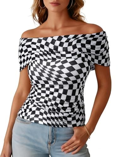 Dokotoo Women's Stretchy Mesh Layered Top Off Shoulder Plaid Print Ruched Blouses for Date Night Black and White XX-Large - Image 1