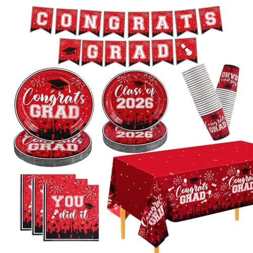 NatNarr Graduation Decorations 2026, Red Graduation Party Supplies Include Class Of 2026 Grad Plates Napkins Cups Tablecloth Congrats Grad Banner for Middle College High School, Serve 25 Guest - Image 1
