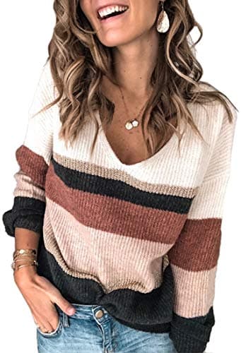 Angashion Women's Sweaters Casual Long Sleeve Crewneck Color Block Patchwork Pullover Knit Sweater Tops 2077 Wine Red M - Image 1