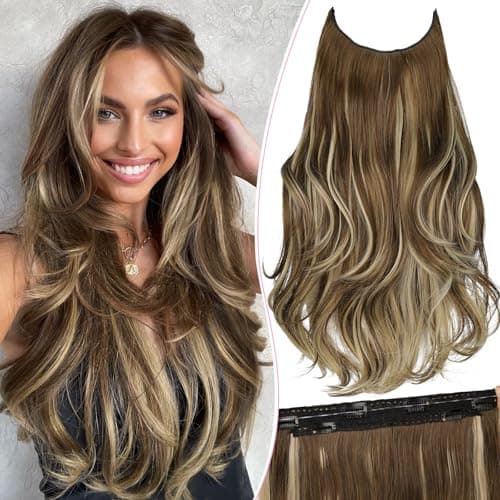 Invisible Wire Hair Extensions with Transparent Wire Adjustable Size 4 Secure Clips Long Wavy Secret Hairpiece 20 Inch for Women(Light Brown with Caramel Blonde) - Image 1
