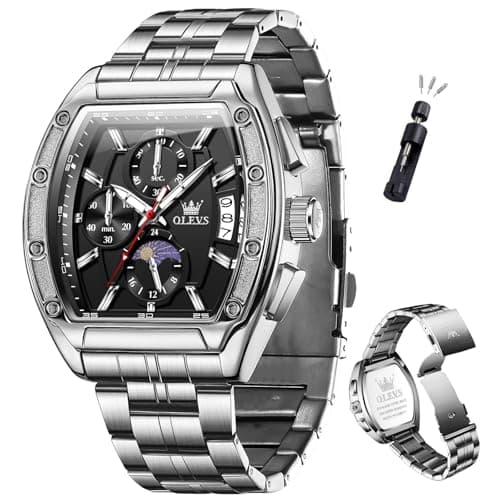 OLEVS Watches for Men Luxury Silver Stainless Steel Dress Large Rectangle Black Face Square Mens Watches Waterproof Moon Phase Date Metal Chronograph Quartz Movement Men's Wrist Watches Relojes Para Hombres - Image 1