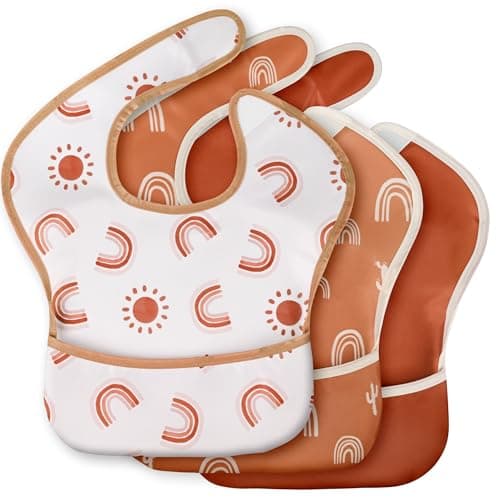 CIVARUA KIDS 3-Pack Waterproof Baby Bibs for Eating - Mess Proof Lightweight Toddler Feeding Bibs with Large Food Catcher, Food-Grade Baby Eating Essentials, Easy to Put On & Clean (Orange Rainbow)