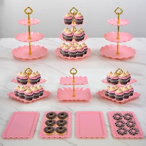 Pack of 10 NWK Cake Stand Set, with 3 x Two-Tier and 3 x Three-Tier Cupcake Stands, 4 x Appetizer Trays, 1 x Tablecloth for Birthday Bridal Baby Shower Party (Pink) - Image 1