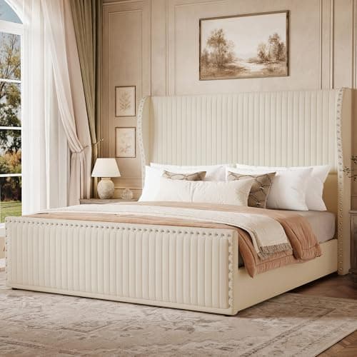 Belffin King Size Bed Frame with 55.1" Tall Headboard, Upholstered Velvet Platform Bed with Nailhead Trim Wingback Design, Strong Wooden Slats, No Box Spring Needed, Noise-Free, Easy Assembly, White