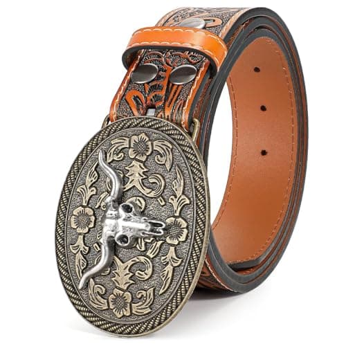 BELTROAD Western Leather Buckle Belt for Men Women Cowboy Cowgirl Leather Mens Engraved Belts for Jeans Birthday Christmas Belt Gifts - Image 1