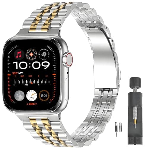 PUGO TOP Slim Stainless Steel Band Compatible with Apple Watch 49mm 46mm 45mm 44mm 42mm 41mm 40mm 38mm, Dressy Business Strap for iWatch Series 11 10 9 8 7 6-1, SE3 2 1, Ultra 3 2 1, Two-Tone Metal Bands for Women, Adjustable Links with Removal Tool - Image 1