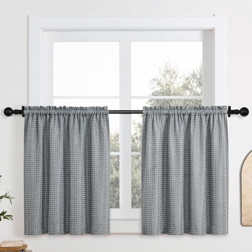 Home Queen Water Resistant Bathroom Window Curtains, Waffle Textured Half Tier Curtains for Kitchen, 28 W X 36 L Inches, Charcoal