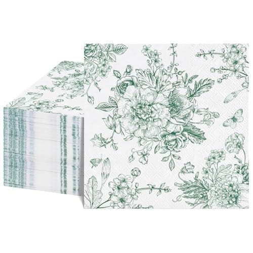 NatNarr 100 Pcs Floral Napkins, Green and White Toile Cocktail Napkins Vintage Flower Butterfly Design Chinoiserie Paper Napkin for Decoupage, St. Patrick's Day, Wedding, Bridal Shower, 5 x 5 Inch - Image 1
