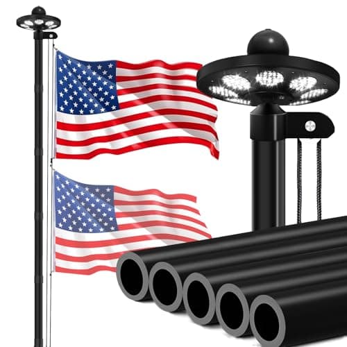 GHOSOONE 20FT 11 Gauge Heavy Duty Flag Pole Light Solar Powered,Extra Thick Ground Flag Pole for Outside House with 136 LED Light & 3x5 USA Flag for Residential Commercial Outdoor,Black - Image 1