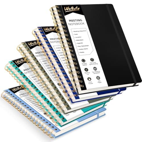 WEMATE 5 Pack Meeting Notebooks for Work(7"x10") 200 Pages, PU Leather Notebook with Action Items & Note, For Staff & Students, Meeting, Projects Planning- Black, Blue, Green, Olive Green, Dark Blue - Image 1