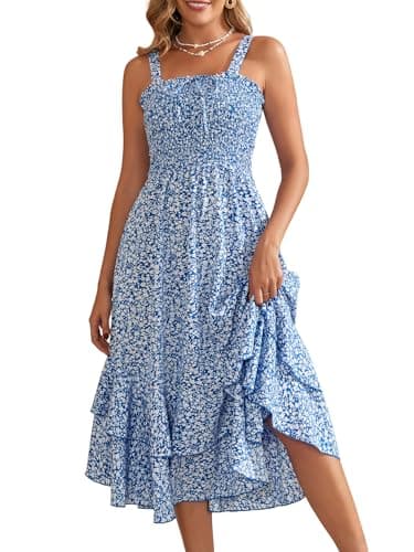 Lyrur Sundresses for Women Floral Boho Smocked Maxi Dress Tiered Ruffle Summer Beach Dresses Pockets (Blue White X-Large) - Image 1