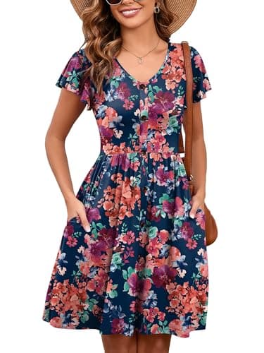 Heymoments Women Summer Dress Blue Colored Flower X-Large Ruffle Sleeve V Neck Casual Loose Sundress Comfy Swing Button Down Midi Work Flowy Ladies Beach Vacation Teacher Dresses with Pockets - Image 1