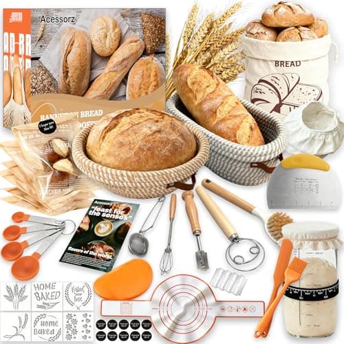 Acessorz Sourdough Bread Baking Supplies,Sourdough Starter Kit,2 Cotton Rope Banneton Proofing Basket,Bread Proofing Basket Making Tool Kit,Sour Dough Kit Tools,Baking Gifts for Women,Bakers,Wife,Mom - Image 1