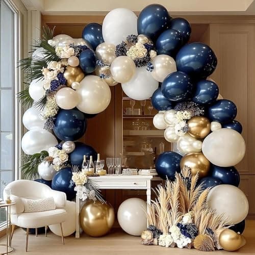 Navy Blue White Balloons Double Stuffed Dark Royal Blue White Gold Balloons Pearl Sand Balloon Garland Arch Kit for Birthday Baby Shower Father's Day Wedding Graduation Party Decorations - Image 1