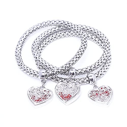 Crystal Charms Multilayer Bracelets - 3PCS Gold/Silver/Rose Gold Corn Chain Bracelet for Women, Tree of Life Heart Shaped Stretch Bracelet (Silver Rose Charm) - Image 1