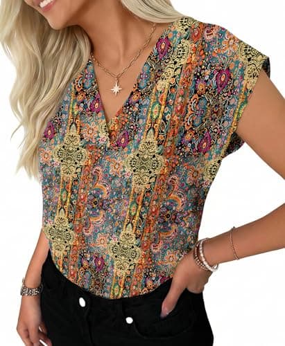 GKBK Women Tops Cap Sleeve Textured Dressy Casual V Neck Shirts 2026 Summer Business Work Blouses Outfits Vintage Boho S - Image 1