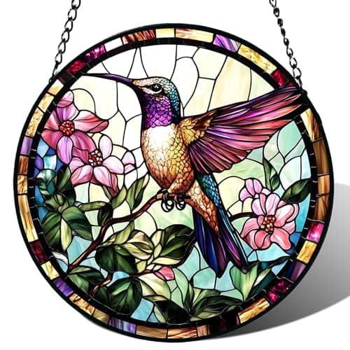 Stained Glass Window Hanging, Hummingbird Suncatcher for Door Home Decor, Birds Flowers Sun Catcher Ornament Mother's Day Birthday Gifts for Bird Lovers Women Men Mom 6.3 in - Image 1