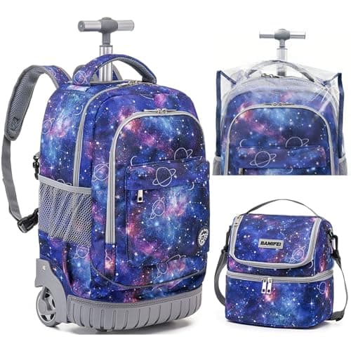 BAMIFEI 18 Inch Purple Galaxy Rolling Backpack for Kids, Galaxy Backpacks Girls Backpack with Wheels School Backpack Spacious Multiple Compartments Quiet Wheels Travel Backpack for Girls - Image 1