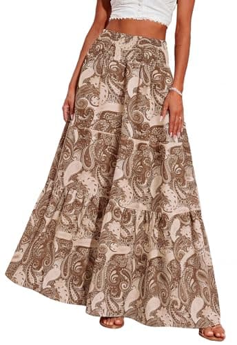 PRETTYGARDEN Womens Skirts Long Flowy Summer Printed Boho Skirt High Waisted Spring Maxi Skirts for Women Trendy Outfits (Khaki Floral, Medium) - Image 1