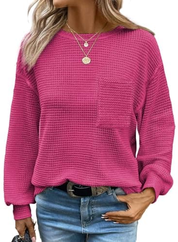 Dokotoo Hot Pink Long Sleeve Shirts for Women Blouses 2026 Spring Outfits Fashion Plus Size Women's Fashion Clothing Clothes Womens Tops Trendy Sweaters Cute Work Dressy Casual - Image 1
