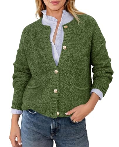 Saodimallsu Women's Chunky Knit Cardigan Button Down Crewneck Long Sleeve Cropped Sweater with Pockets Army Green - Image 1